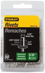 Stanley - Aluminum Color Coded Blind Rivet - Aluminum Mandrel, 0.188" to 1/4" Grip, 5/16" Head Diam, 0.156" to 0.164" Hole Diam, 0.425" Length Under Head, 5/32" Body Diam - Apex Tool & Supply