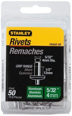 Stanley - Aluminum Color Coded Blind Rivet - Aluminum Mandrel, 3/8" to 1/2" Grip, 5/16" Head Diam, 0.156" to 0.164" Hole Diam, 0.675" Length Under Head, 5/32" Body Diam - Apex Tool & Supply