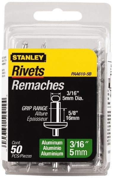 Stanley - Aluminum Color Coded Blind Rivet - Aluminum Mandrel, 1/2" to 5/8" Grip, 3/8" Head Diam, 0.188" to 0.196" Hole Diam, 0.825" Length Under Head, 3/16" Body Diam - Apex Tool & Supply