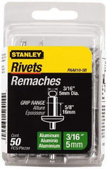 Stanley - Aluminum Color Coded Blind Rivet - Aluminum Mandrel, 1/2" to 5/8" Grip, 3/8" Head Diam, 0.188" to 0.196" Hole Diam, 0.825" Length Under Head, 3/16" Body Diam - Apex Tool & Supply