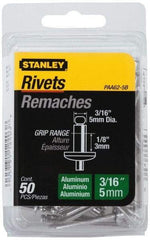 Stanley - Aluminum Color Coded Blind Rivet - Aluminum Mandrel, 0.032" to 1/8" Grip, 3/8" Head Diam, 0.188" to 0.196" Hole Diam, 0.325" Length Under Head, 3/16" Body Diam - Apex Tool & Supply