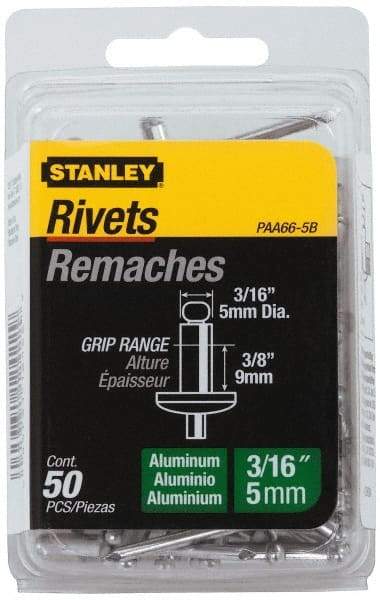 Stanley - Aluminum Color Coded Blind Rivet - Aluminum Mandrel, 0.313" to 3/8" Grip, 3/8" Head Diam, 0.188" to 0.196" Hole Diam, 0.575" Length Under Head, 3/16" Body Diam - Apex Tool & Supply