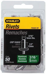 Stanley - Aluminum Color Coded Blind Rivet - Aluminum Mandrel, 3/8" to 1/2" Grip, 3/8" Head Diam, 0.188" to 0.196" Hole Diam, 0.7" Length Under Head, 3/16" Body Diam - Apex Tool & Supply
