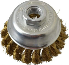 Value Collection - 2-3/4" Diam, 5/8-11 Threaded Arbor, Brass Fill Cup Brush - 0.014 Wire Diam, 3/4" Trim Length, 12,500 Max RPM - Apex Tool & Supply