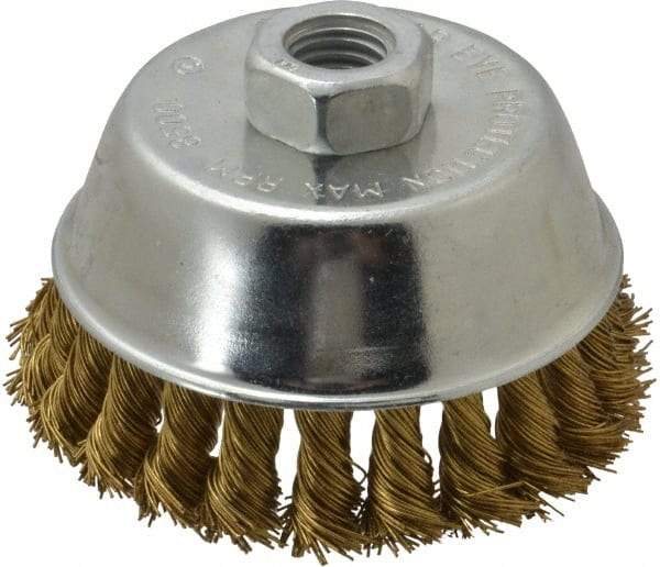 Value Collection - 4" Diam, 5/8-11 Threaded Arbor, Brass Fill Cup Brush - 0.02 Wire Diam, 7/8" Trim Length, 8,500 Max RPM - Apex Tool & Supply