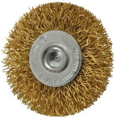 Value Collection - 2" OD, 1/4" Shank Diam, Crimped Brass Wheel Brush - 5/16" Face Width, 1/2" Trim Length, 0.014" Filament Diam, 20,000 RPM - Apex Tool & Supply
