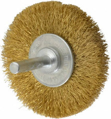 Value Collection - 2-1/2" OD, 1/4" Shank Diam, Crimped Brass Wheel Brush - 3/8" Face Width, 1/2" Trim Length, 0.008" Filament Diam, 20,000 RPM - Apex Tool & Supply