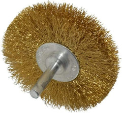 Value Collection - 3" OD, 1/4" Shank Diam, Crimped Brass Wheel Brush - 3/8" Face Width, 7/8" Trim Length, 0.008" Filament Diam, 20,000 RPM - Apex Tool & Supply
