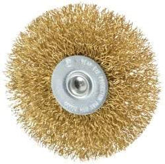 Value Collection - 3" OD, 1/4" Shank Diam, Crimped Brass Wheel Brush - 3/8" Face Width, 7/8" Trim Length, 0.014" Filament Diam, 20,000 RPM - Apex Tool & Supply