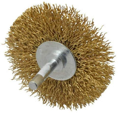 Value Collection - 3" OD, 1/4" Shank Diam, Crimped Brass Wheel Brush - 3/8" Face Width, 7/8" Trim Length, 0.02" Filament Diam, 20,000 RPM - Apex Tool & Supply