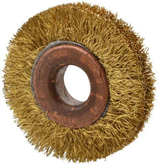 Value Collection - 1-1/2" OD, 3/8" Arbor Hole, Crimped Brass Wheel Brush - 5/16" Face Width, 3/8" Trim Length, 0.008" Filament Diam, 20,000 RPM - Apex Tool & Supply