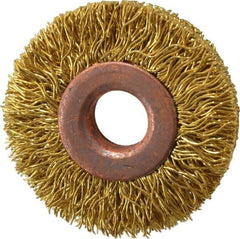 Value Collection - 1-1/2" OD, 3/8" Arbor Hole, Crimped Brass Wheel Brush - 5/16" Face Width, 3/8" Trim Length, 0.014" Filament Diam, 20,000 RPM - Apex Tool & Supply