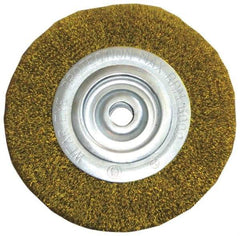 Value Collection - 4" OD, 5/8" Arbor Hole, Crimped Brass Wheel Brush - 1/2" Face Width, 5/8" Trim Length, 0.012" Filament Diam, 6,000 RPM - Apex Tool & Supply