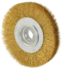 Value Collection - 4" OD, 5/8" Arbor Hole, Crimped Brass Wheel Brush - 1/2" Face Width, 5/8" Trim Length, 0.008" Filament Diam, 6,000 RPM - Apex Tool & Supply