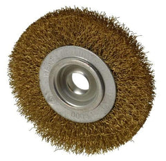 Value Collection - 4" OD, 5/8" Arbor Hole, Crimped Brass Wheel Brush - 1/2" Face Width, 5/8" Trim Length, 0.014" Filament Diam, 6,000 RPM - Apex Tool & Supply