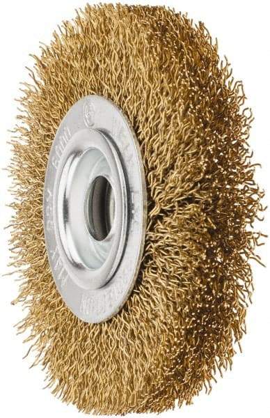 Value Collection - 4" OD, 5/8" Arbor Hole, Crimped Brass Wheel Brush - 1/2" Face Width, 5/8" Trim Length, 0.02" Filament Diam, 6,000 RPM - Apex Tool & Supply