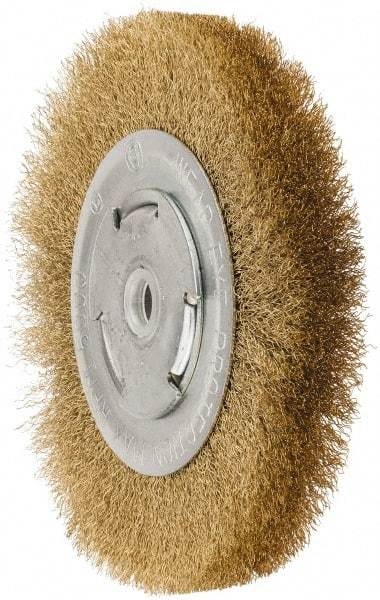 Value Collection - 6" OD, 5/8" Arbor Hole, Crimped Brass Wheel Brush - 1" Face Width, 1-1/8" Trim Length, 0.008" Filament Diam, 6,000 RPM - Apex Tool & Supply
