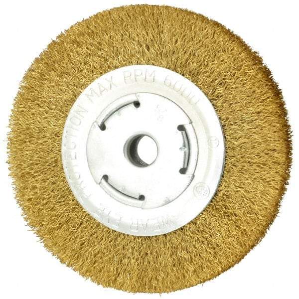 Value Collection - 6" OD, 5/8" Arbor Hole, Crimped Brass Wheel Brush - 1" Face Width, 1-1/8" Trim Length, 0.014" Filament Diam, 6,000 RPM - Apex Tool & Supply