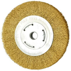 Value Collection - 6" OD, 5/8" Arbor Hole, Crimped Brass Wheel Brush - 1" Face Width, 1-1/8" Trim Length, 0.014" Filament Diam, 6,000 RPM - Apex Tool & Supply