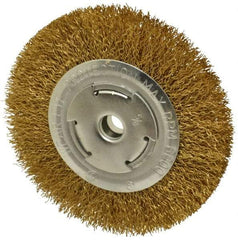 Value Collection - 6" OD, 5/8" Arbor Hole, Crimped Brass Wheel Brush - 1" Face Width, 1-1/8" Trim Length, 0.02" Filament Diam, 6,000 RPM - Apex Tool & Supply