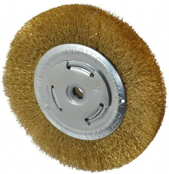 Value Collection - 6" OD, 5/8" Arbor Hole, Crimped Brass Wheel Brush - 1/2" Face Width, 1-1/8" Trim Length, 0.008" Filament Diam, 6,000 RPM - Apex Tool & Supply