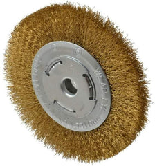 Value Collection - 6" OD, 1/4" Arbor Hole, Crimped Brass Wheel Brush - 1/2" Face Width, 1-1/8" Trim Length, 0.012" Filament Diam, 6,000 RPM - Apex Tool & Supply