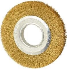 Value Collection - 6" OD, 1/4" Arbor Hole, Crimped Brass Wheel Brush - 7/8" Face Width, 1-1/8" Trim Length, 0.012" Filament Diam, 6,000 RPM - Apex Tool & Supply
