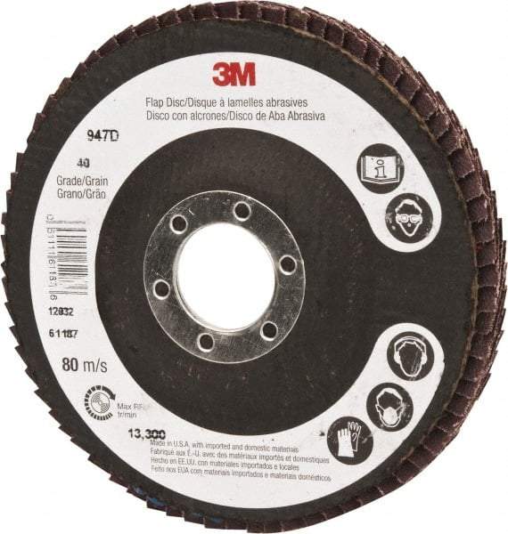 3M - 40 Grit, 4-1/2" Disc Diam, 7/8" Center Hole, Type 27 Ceramic Flap Disc - 13,300 Max RPM, Cloth Backing, Arbor Attaching System, Coated - Apex Tool & Supply
