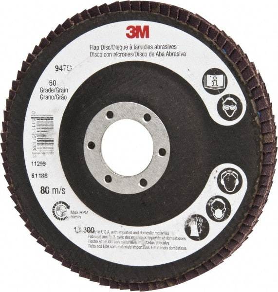 3M - 60 Grit, 4-1/2" Disc Diam, 7/8" Center Hole, Type 27 Ceramic Flap Disc - 13,300 Max RPM, Cloth Backing, Arbor Attaching System, Coated - Apex Tool & Supply