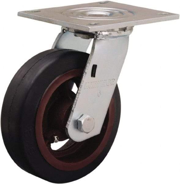 Hamilton - 6" Diam x 2" Wide x 7-1/2" OAH Top Plate Mount Swivel Caster - Rubber Mold on Cast Iron, 410 Lb Capacity, Straight Roller Bearing, 5 x 5-1/2" Plate - Apex Tool & Supply