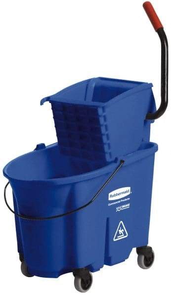 Rubbermaid - 35 Qt Plastic Bucket & Wringer - 20-1/8" Long x 36-1/2" High x 15-3/4" Wide, Blue - Apex Tool & Supply