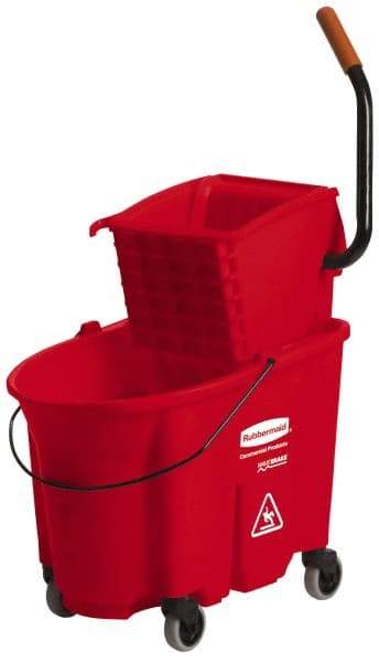 Rubbermaid - 35 Qt Plastic Bucket & Wringer - 20-1/8" Long x 36-1/2" High x 15-3/4" Wide, Red - Apex Tool & Supply