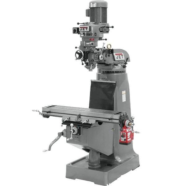 Jet - 9" Table Width x 42" Table Length, Variable Speed Pulley Control, 3 Phase Knee Milling Machine - R8 Spindle Taper, 2 hp - Apex Tool & Supply