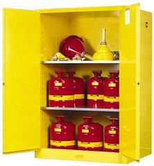 Justrite - 2 Door, 2 Shelf, Yellow Steel Standard Safety Cabinet for Flammable and Combustible Liquids - 65" High x 43" Wide x 34" Deep, Self Closing Door, 90 Gal Capacity - Apex Tool & Supply