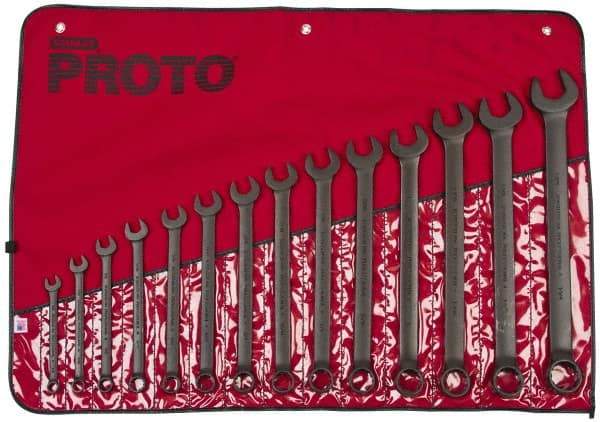 Proto - 14 Piece, 3/8" to 1-1/4", 12 Point Combination Wrench Set - Inch Measurement Standard, Black Oxide Finish, Comes in Nylon Roll - Apex Tool & Supply