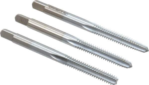 Made in USA - #10-24 UNC, 4 Flute, Bottoming, Plug & Taper, Chrome Finish, High Speed Steel Tap Set - Right Hand Cut, 2-3/8" OAL, 7/8" Thread Length, 2B/3B Class of Fit - Apex Tool & Supply