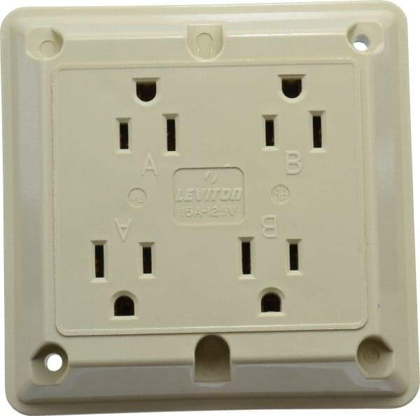 Leviton - 125 VAC, 15 Amp, 5-15R NEMA Configuration, Ivory, Specification Grade, Self Grounding Fourplex Receptacle - 1 Phase, 2 Poles, 3 Wire, Flush Mount, Chemical, Corrosion and Impact Resistant - Apex Tool & Supply