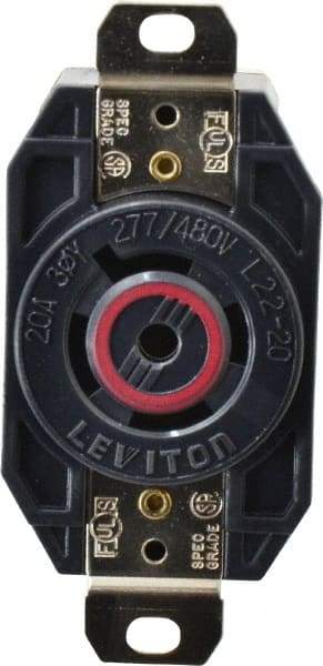 Leviton - 277/480 VAC, 20 Amp, L22-20R NEMA, Self Grounding Receptacle - 4 Poles, 5 Wire, Female End, Black - Apex Tool & Supply