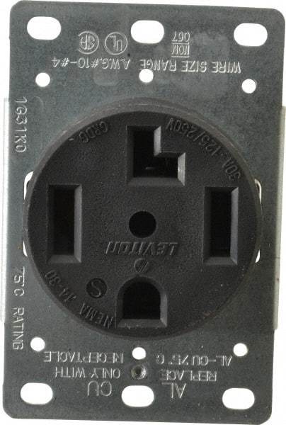 Leviton - 125/250 VAC, 30 Amp, 14-30R NEMA Configuration, Black, Industrial Grade, Self Grounding Single Receptacle - 1 Phase, 3 Poles, 4 Wire, Flush Mount, Corrosion Resistant - Apex Tool & Supply