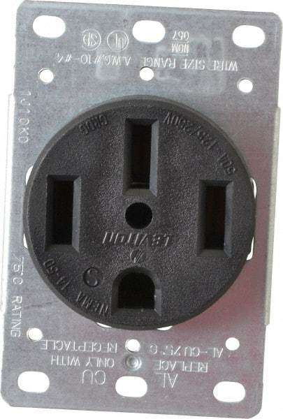 Leviton - 125/250 VAC, 50 Amp, 14-50R NEMA Configuration, Black, Industrial Grade, Self Grounding Single Receptacle - 1 Phase, 3 Poles, 4 Wire, Flush Mount, Corrosion Resistant - Apex Tool & Supply