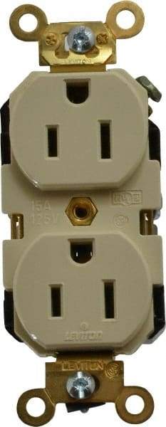Leviton - 125 VAC, 15 Amp, 5-15R NEMA Configuration, Ivory, Industrial Grade, Self Grounding Duplex Receptacle - 1 Phase, 2 Poles, 3 Wire, Flush Mount, Impact Resistant - Apex Tool & Supply