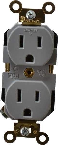 Leviton - 125 VAC, 15 Amp, 5-15R NEMA Configuration, Gray, Industrial Grade, Self Grounding Duplex Receptacle - 1 Phase, 2 Poles, 3 Wire, Flush Mount, Impact Resistant - Apex Tool & Supply