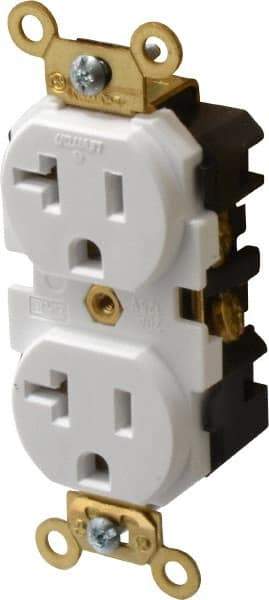 Leviton - 125 VAC, 20 Amp, 5-20R NEMA Configuration, White, Industrial Grade, Self Grounding Duplex Receptacle - 1 Phase, 2 Poles, 3 Wire, Flush Mount, Tamper Resistant - Apex Tool & Supply