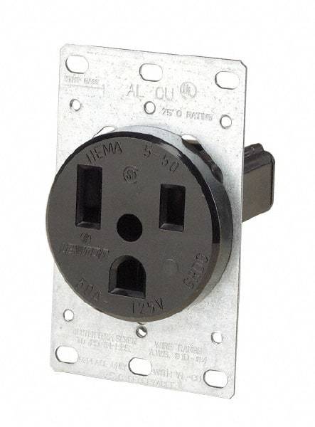 Leviton - 125 VAC, 50 Amp, 5-50P NEMA Configuration, Black, Industrial Grade, Self Grounding Single Receptacle - 1 Phase, 2 Poles, 3 Wire, Flush Mount, Tamper Resistant - Apex Tool & Supply