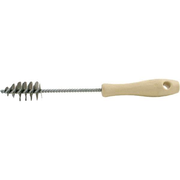 Brush Research Mfg. - 1.15" Diam Helical Stainless Steel Tube Brush - Single Spiral, 0.006" Filament Diam, 2-1/8" Brush Length, 10-1/2" OAL, 0.245" Diam Plastic Handle Shank - Apex Tool & Supply