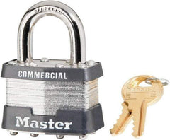 Master Lock - 15/16" Shackle Clearance, Keyed Alike Laminated Steel Padlock - 5/16" Shackle Diam, Steel - Apex Tool & Supply