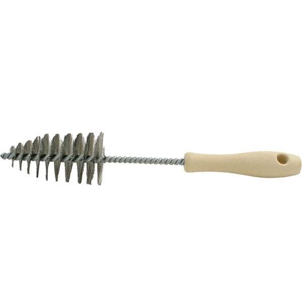 Brush Research Mfg. - 2.05" Diam Helical Stainless Steel Tube Brush - Single Spiral, 0.006" Filament Diam, 3-5/8" Brush Length, 12" OAL, 0.292" Diam Plastic Handle Shank - Apex Tool & Supply