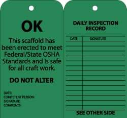 NMC - 3" High x 6" Long, OK - DO NOT ALTER, English Safety & Facility Inspection Tag - Tag Header: Notice, 2 Sides, Black & Green Cardstock - Apex Tool & Supply