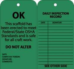NMC - 3" High x 6" Long, OK - DO NOT ALTER, English Safety & Facility Inspection Tag - Tag Header: Notice, 2 Sides, Black & Green Cardstock - Apex Tool & Supply