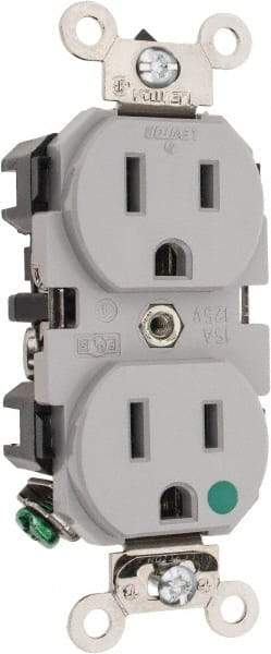 Leviton - 125 VAC/VDC, 15 Amp, 5-15R NEMA Configuration, Gray, Hospital Grade, Self Grounding Duplex Receptacle - 1 Phase, 2 Poles, 3 Wire, Flush Mount, Impact Resistant - Apex Tool & Supply